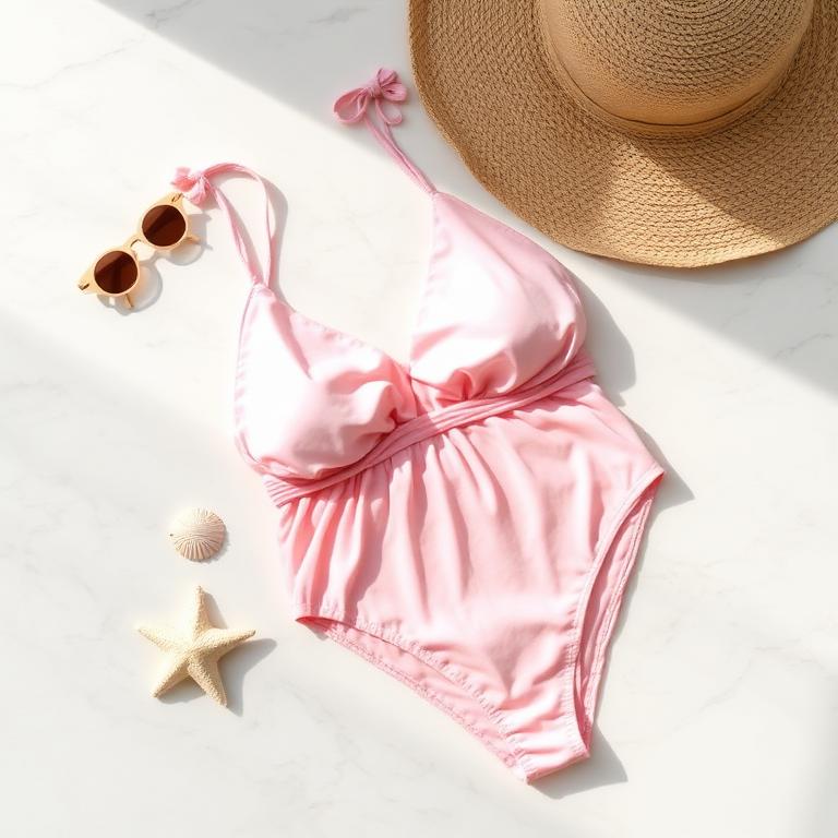 Petal pink swimsuit flat-lay with straw hat